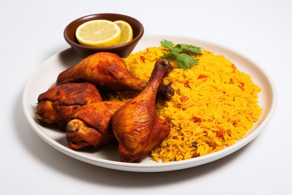 Tandoori chicken with yellow rice on pan animal plate food.