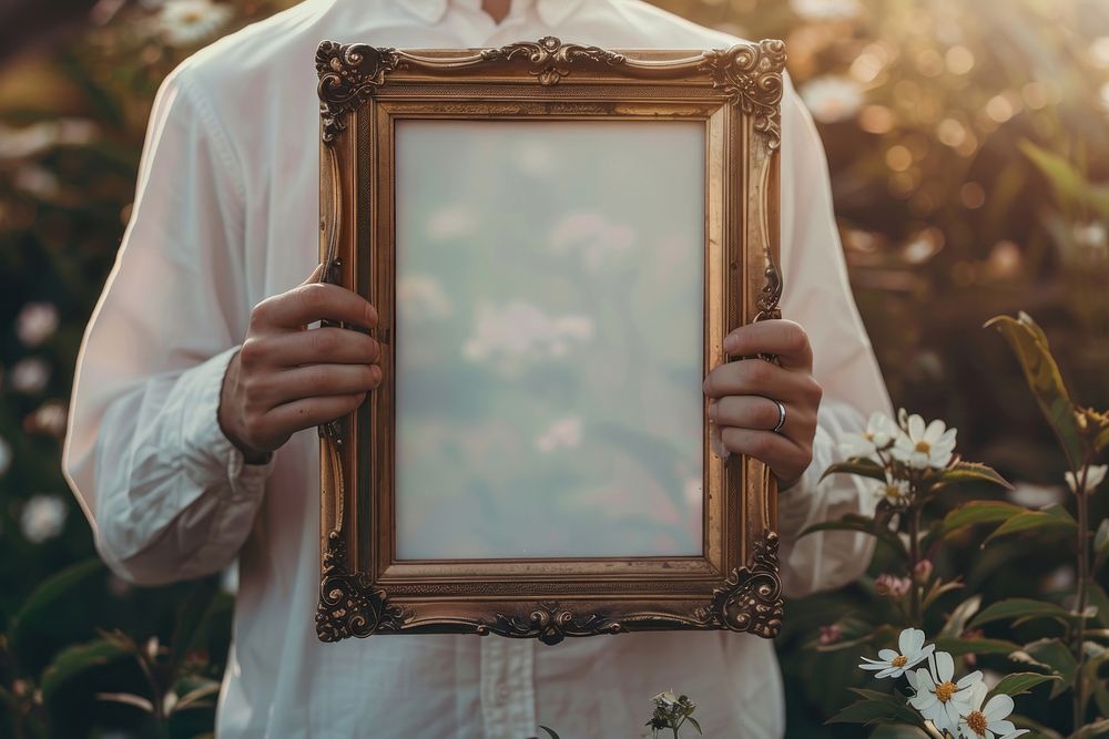 Holds an vintage picture frame mockup painting art photo frame.
