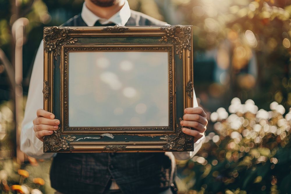 Holds an vintage picture frame mockup painting art photo frame.