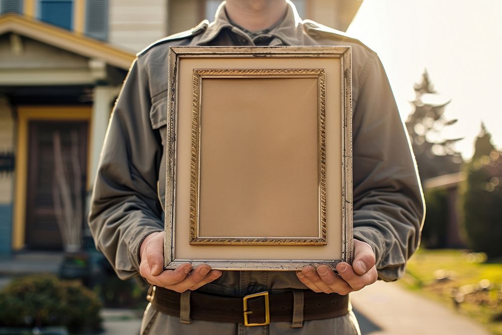Holds an vintage photo frame mockup man painting person.