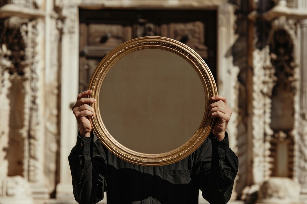 Vintage simulated circle photo frame mockup male photography person.