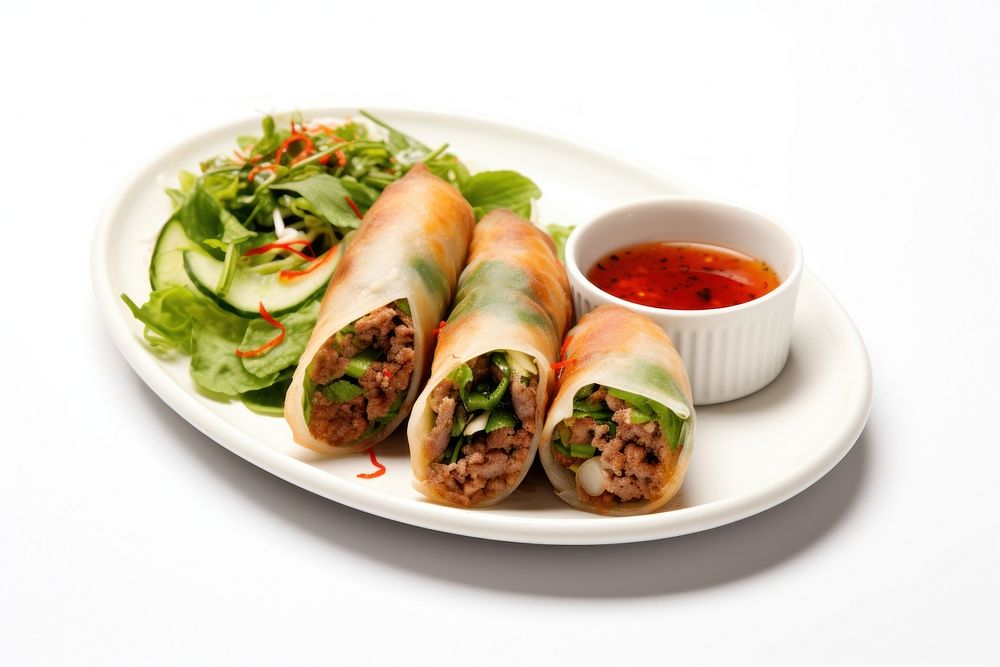 Spring rolls filled with pork larb sandwich ketchup lunch.