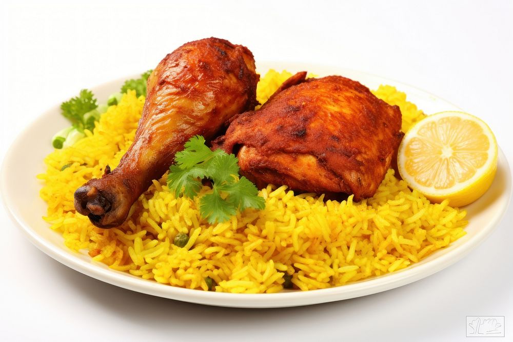 Tandoori chicken with yellow rice produce animal food.