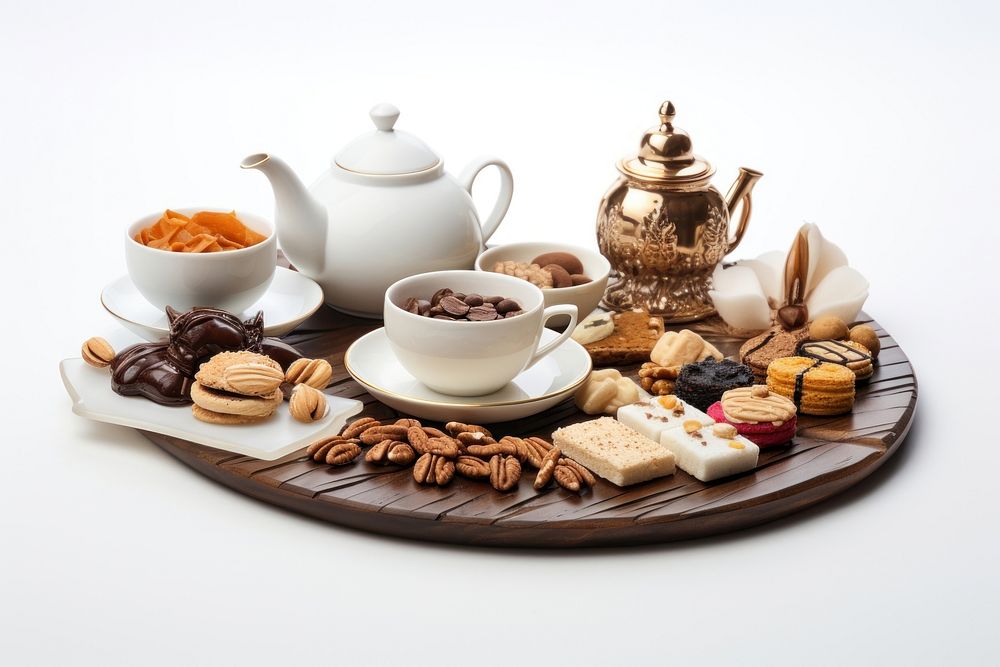 Tea set with snacks confectionery porcelain furniture.