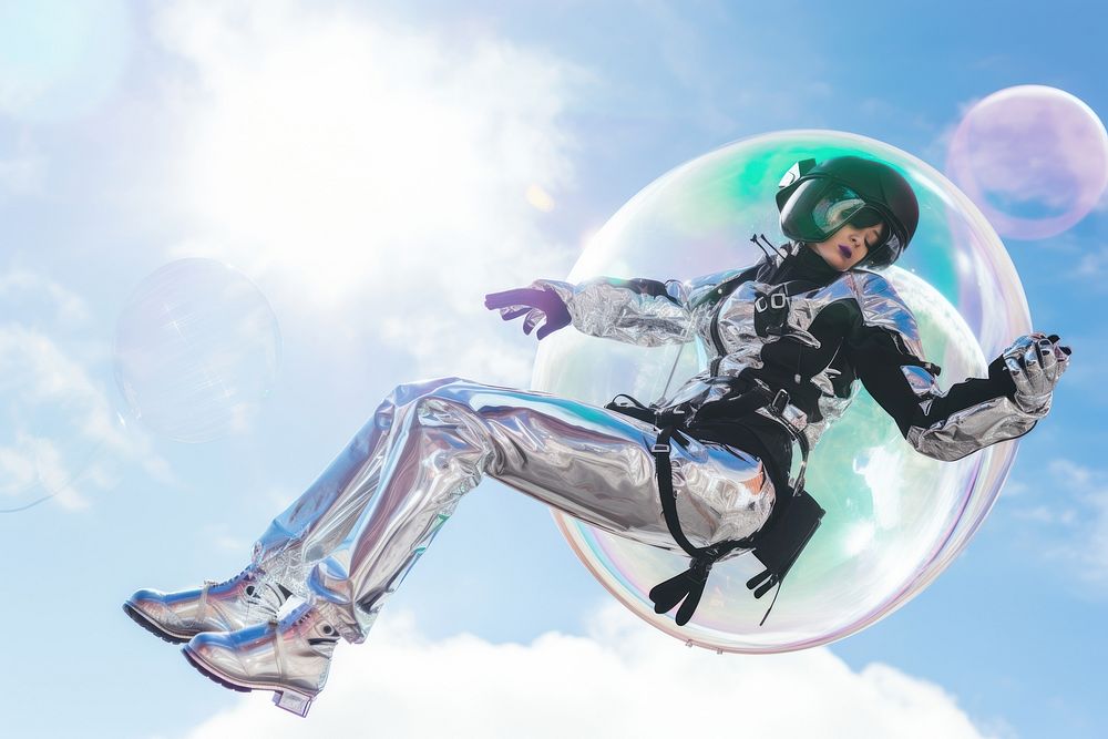 A cyberpunk astronaut floating in metalic bubble recreation adventure skydiving.
