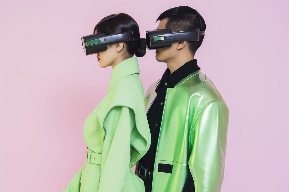 Photograph of couple dating wearing futuristic virtual reality glasses clothing apparel coat.