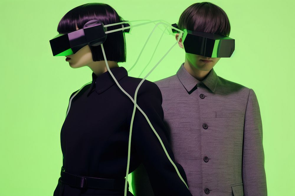Photograph of couple dating wearing futuristic virtual reality glasses accessories electronics headphones.