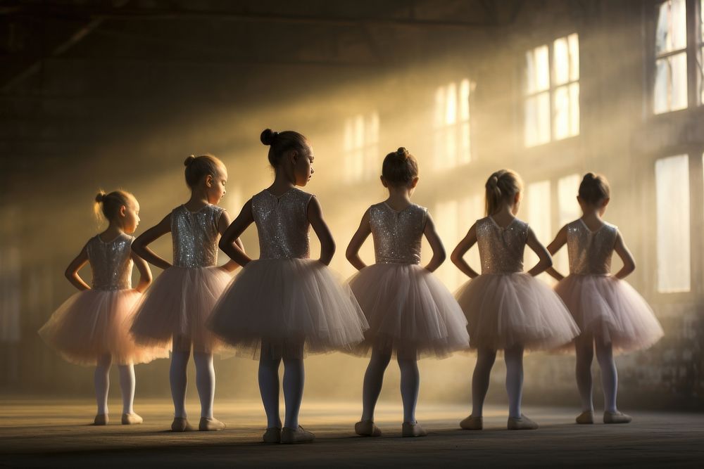 Group of girls practicing ballet recreation ballerina clothing.
