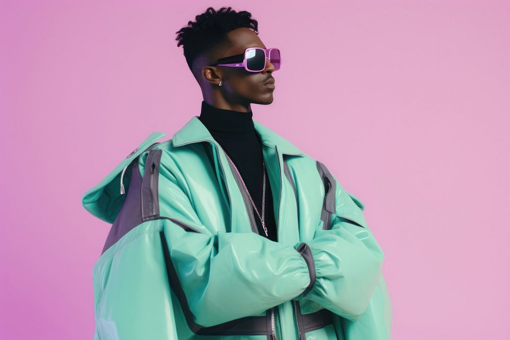 Y2k futuristic fashion photography of black man portrait adult sunglasses.