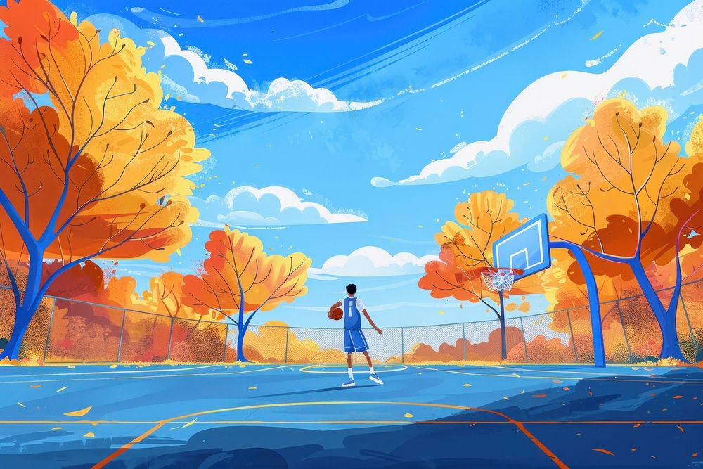 Teen playing basketball art painting outdoors.