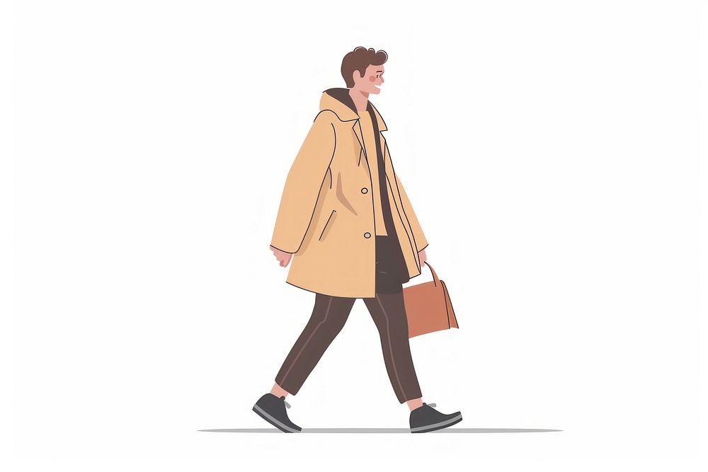 Man with handbag walking clothing overcoat footwear.