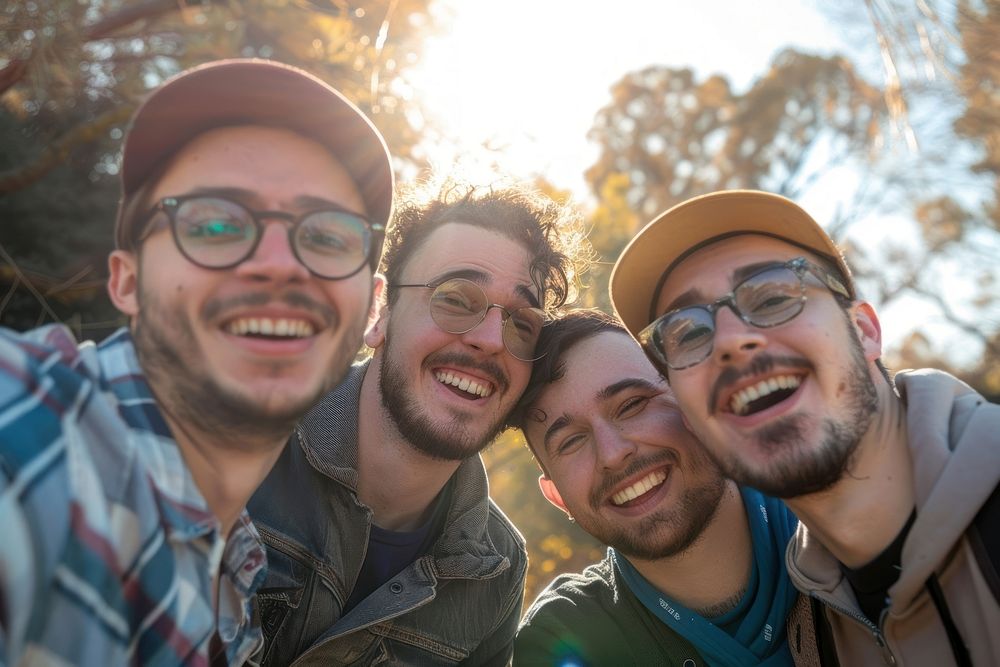 Men friend group laughing selfie photo cap.