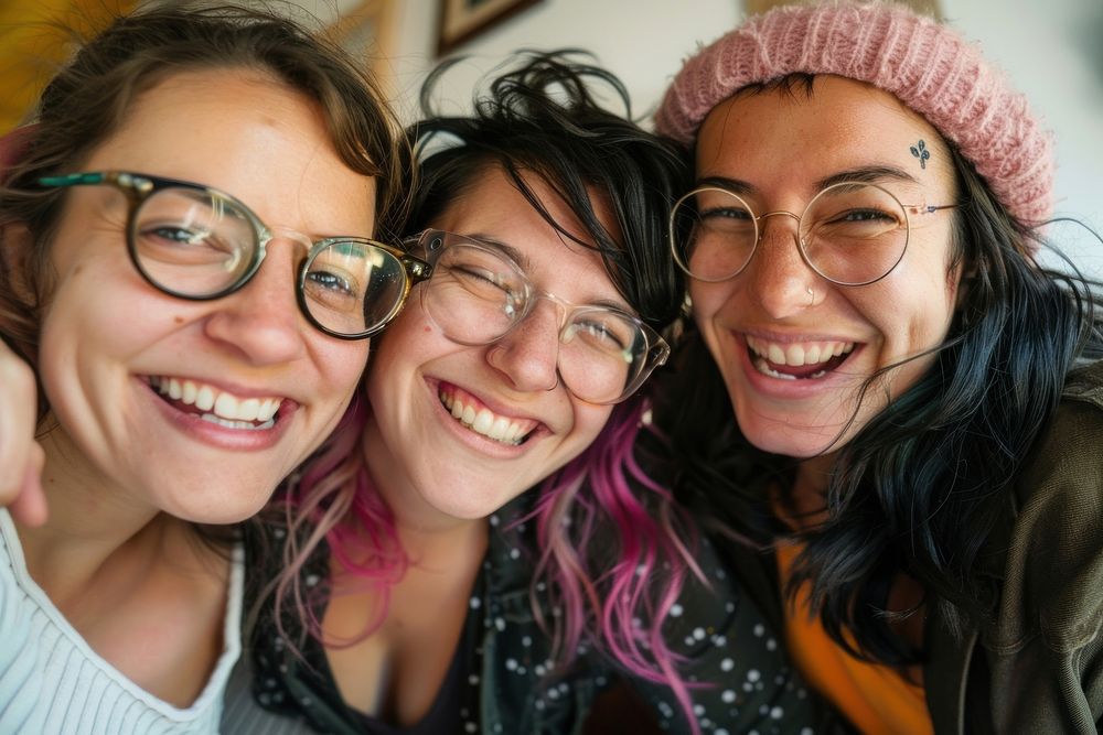Women friend group laughing selfie photo cap.