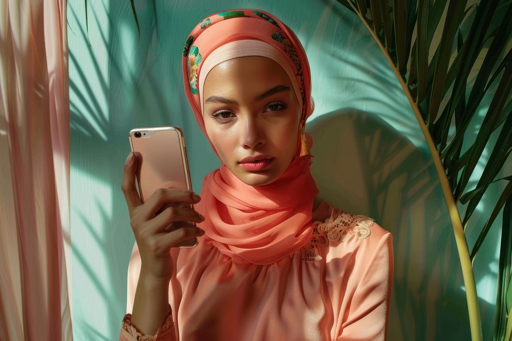 Muslim woman holding phone photo photography electronics.