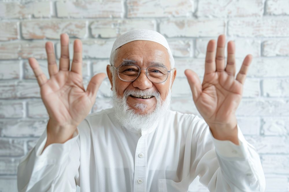 Senior muslim man waving hand person adult human.