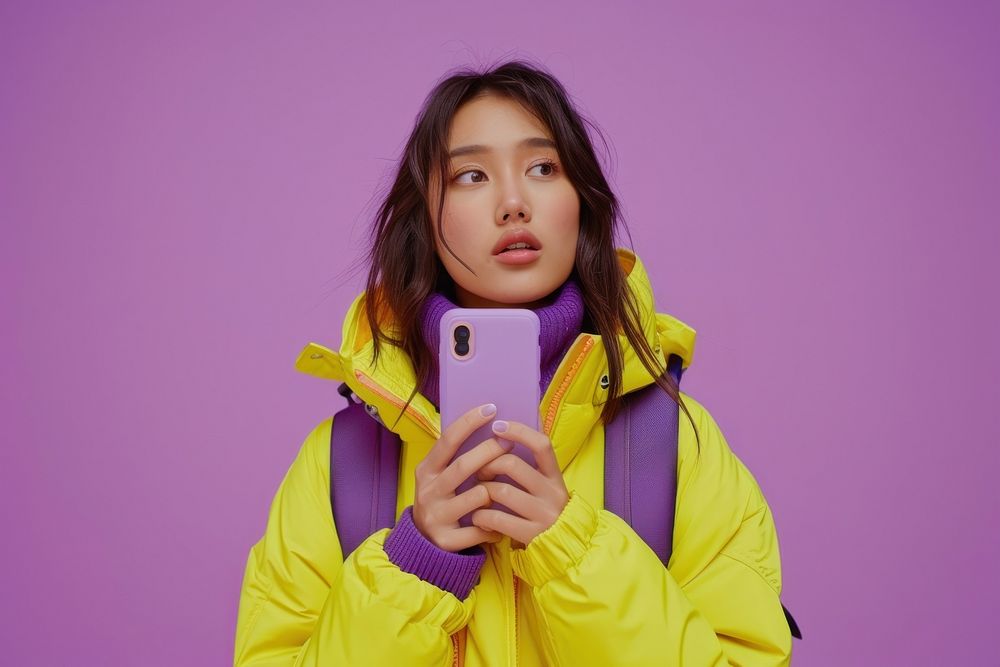 Woman holding phone electronics clothing raincoat.