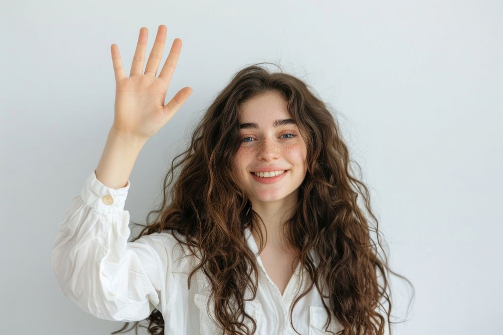 Young woman waving hand smile photo photography.