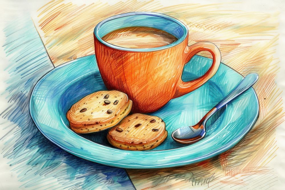 Coffee cup and cookies on the plate confectionery beverage cutlery.