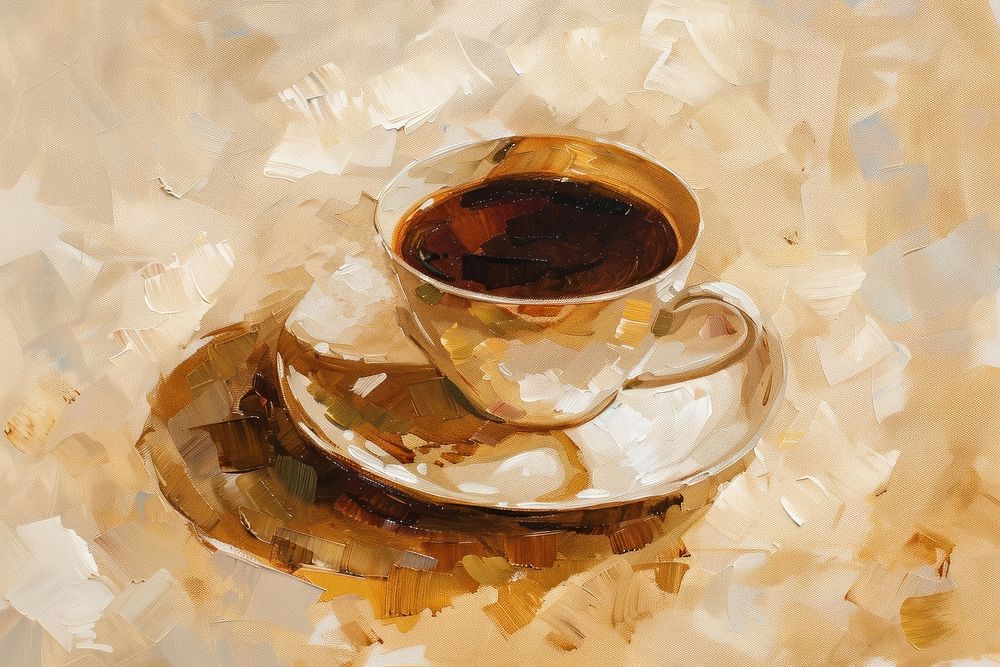 Oil painting of a clsoe up on pale coffee beverage saucer drink.