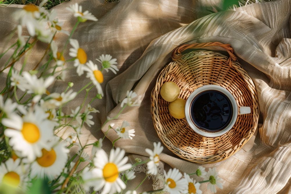 One basket picnic with coffee asteraceae recreation blossom.