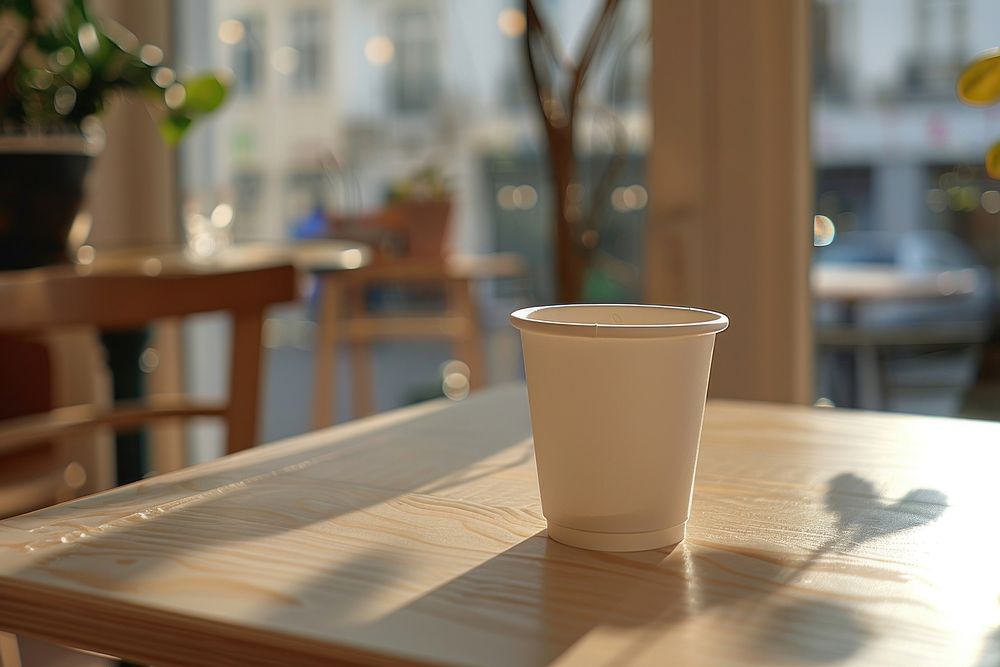 Paper cup mockup coffee table restaurant.