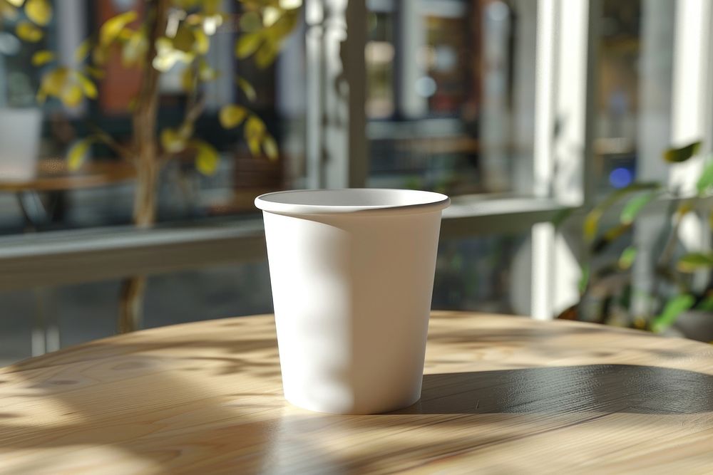 Paper cup mockup coffee table windowsill.