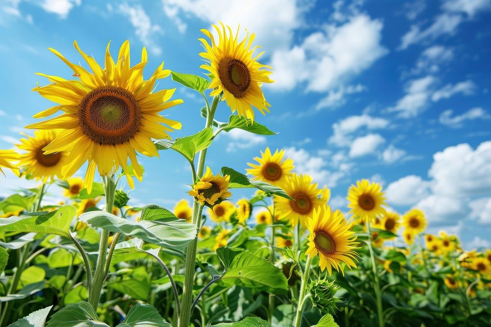 Field of blooming sunflowers sky agriculture countryside.