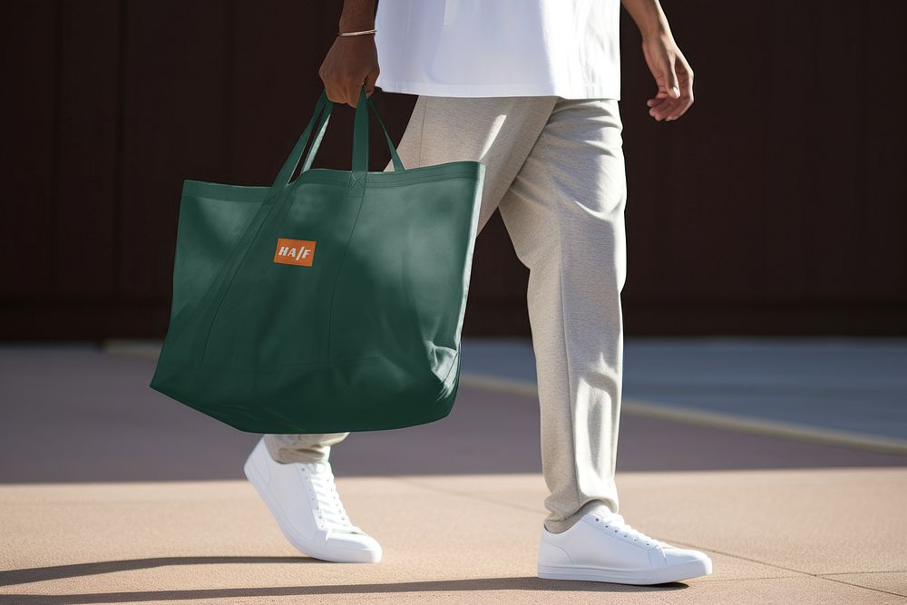 Man using green tote bag, eco-friendly product