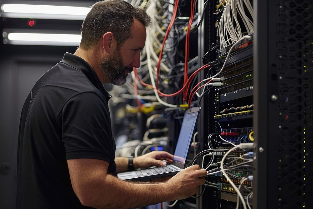 Man with dark hair and beard laptop server electronics.