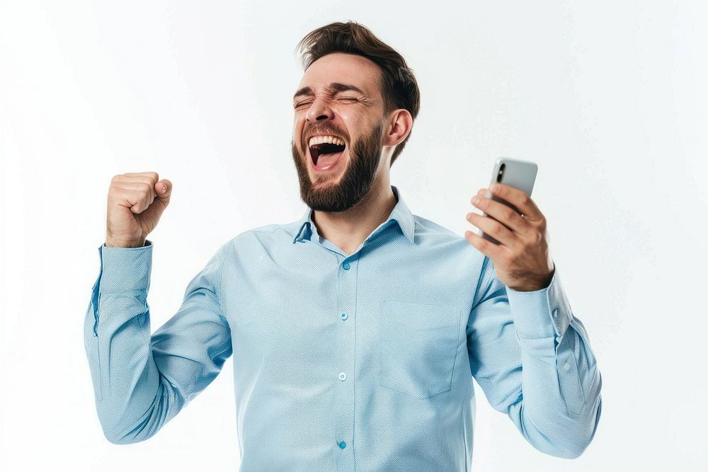Happy winning business man surprised shouting person.