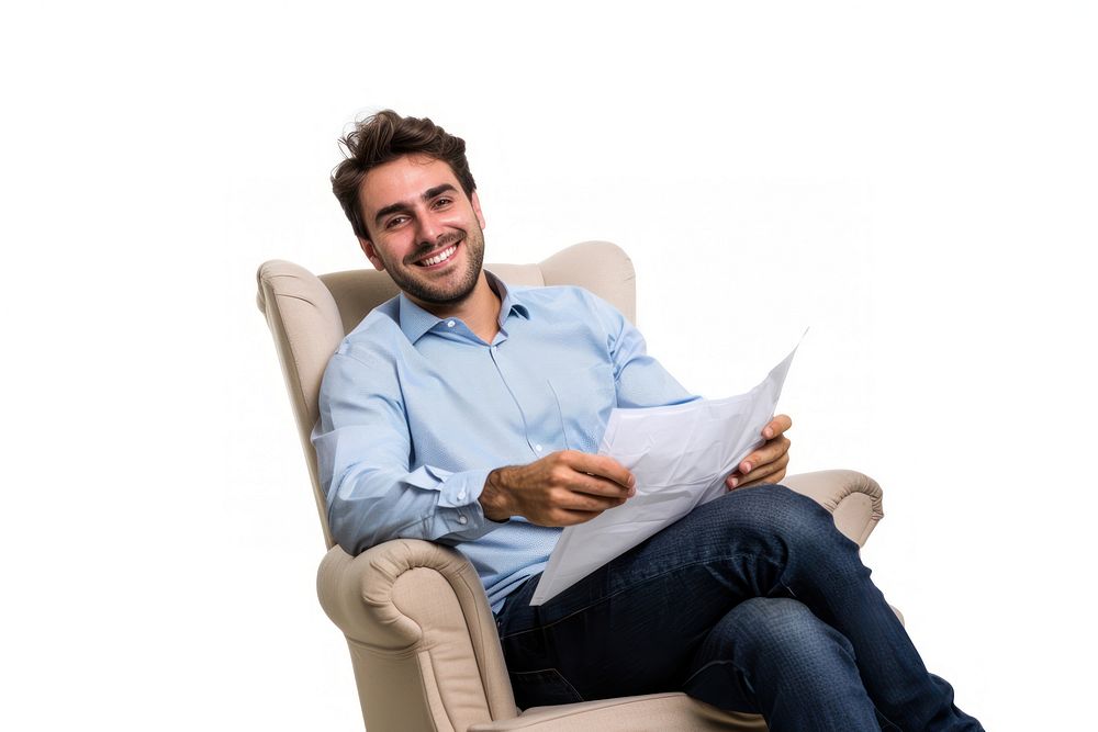 Smiling business man sitting furniture person.
