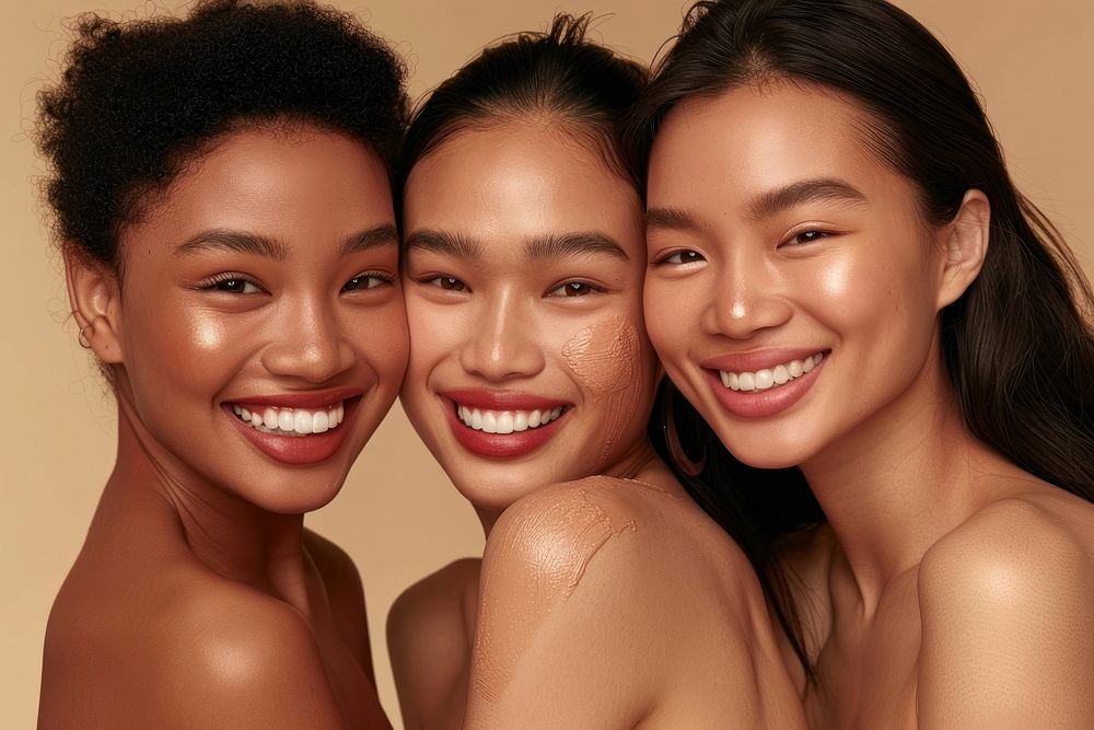 South East Asian women face with no makeup happy laughing dimples.