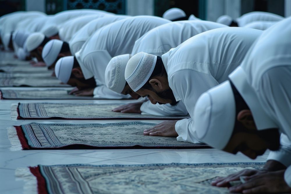 Muslim men in white robe prayer head worship.