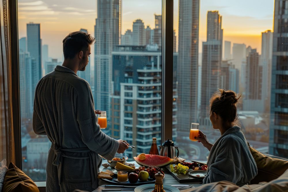 Couple in bathrobes drink food city.