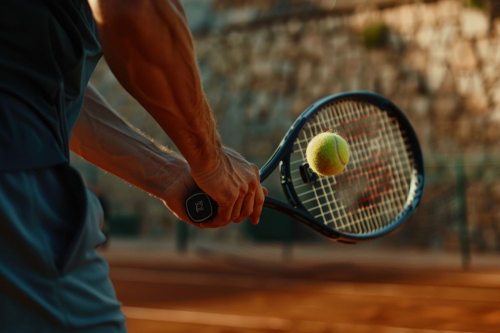 Man playing tennis racket ball tennis ball.