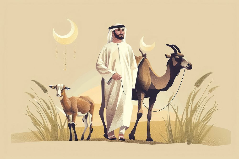 Vector illustration of an Emirati man livestock antelope wildlife.
