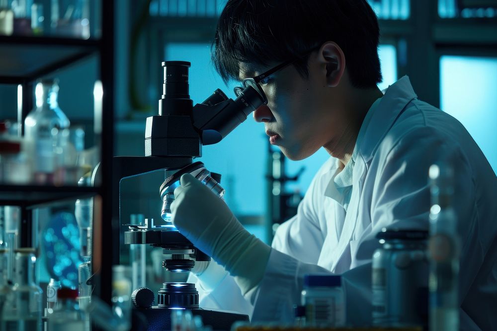 A young Asian male scientist laboratory clothing apparel.