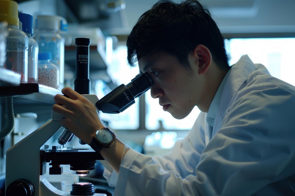 A young Asian male scientist microphone person human.