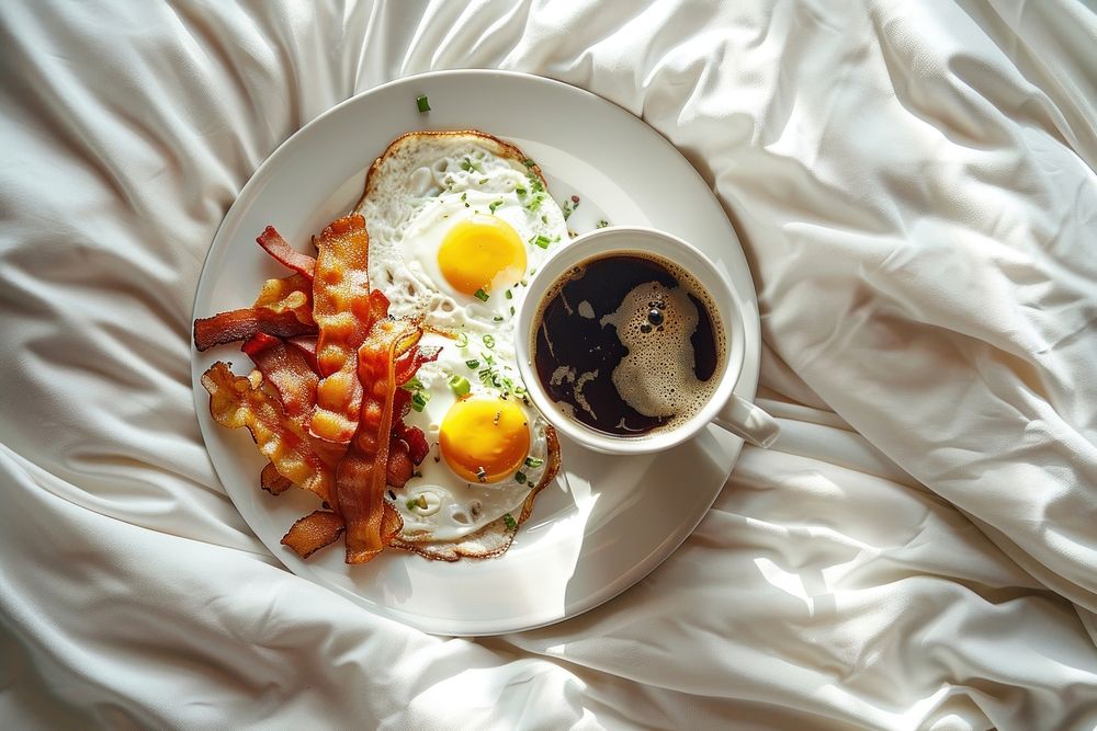 Breakfast tray coffee food egg.