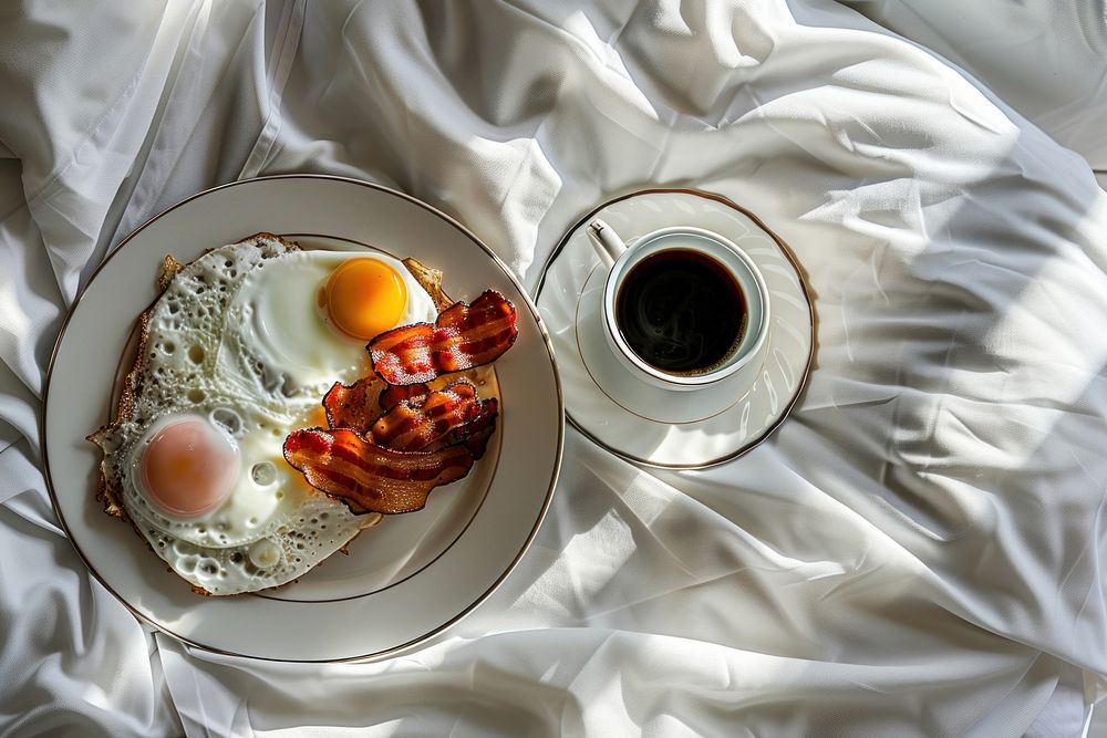 A luxury hotel bed with a breakfast tray coffee food egg.