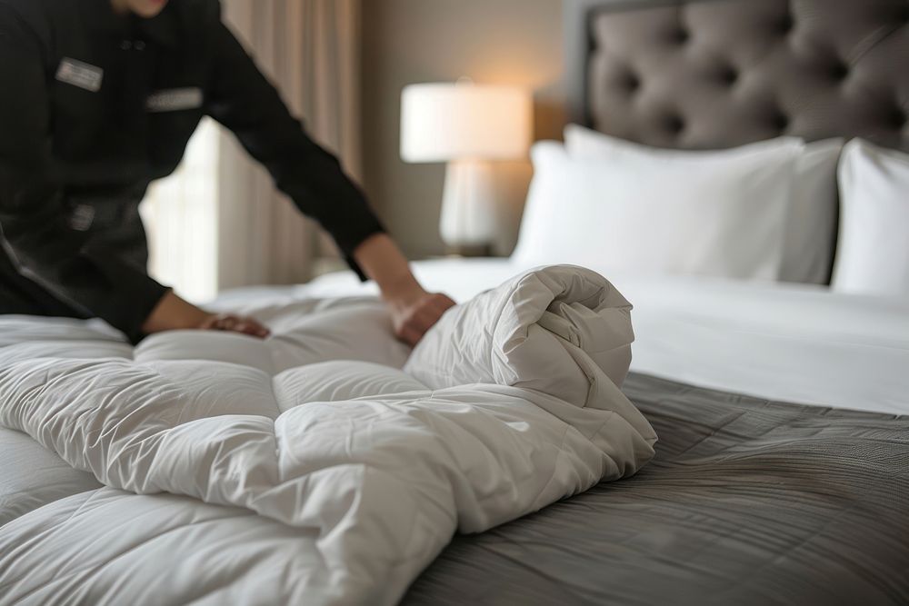 A hotel housekeeper making the bed pillow furniture blanket.