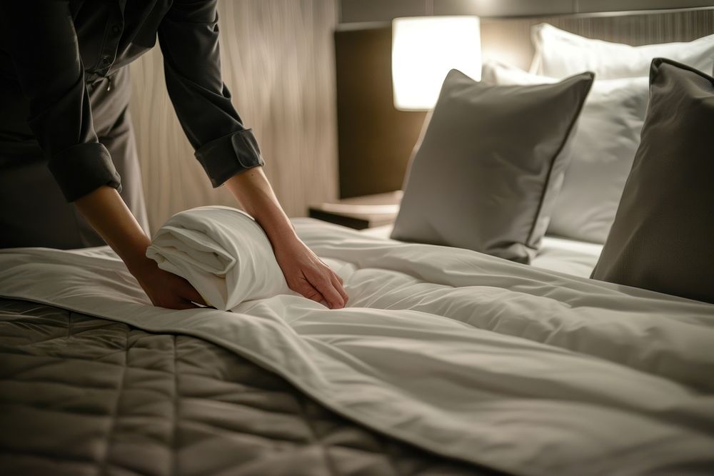 A hotel housekeeper making the bed pillow furniture blanket.