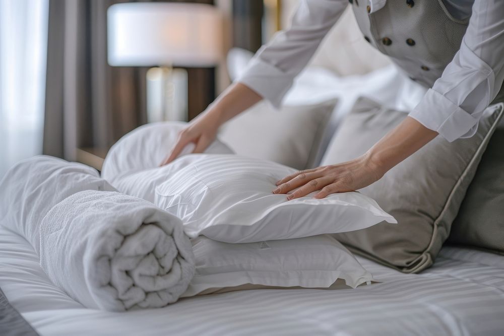 A hotel housekeeper making the bed pillow furniture cushion.