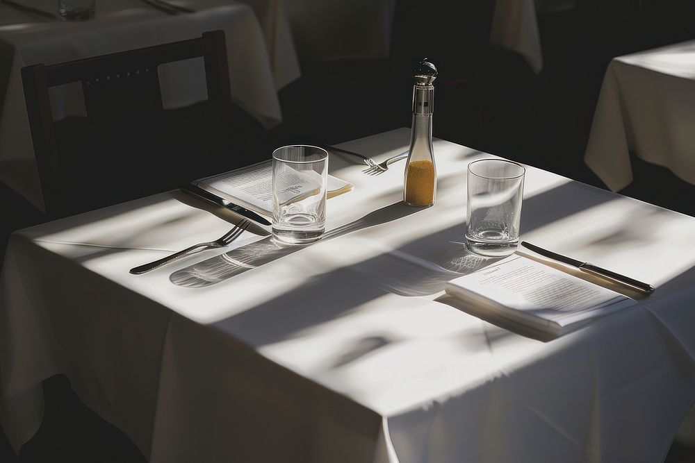 A modern restaurant menu table tablecloth furniture.