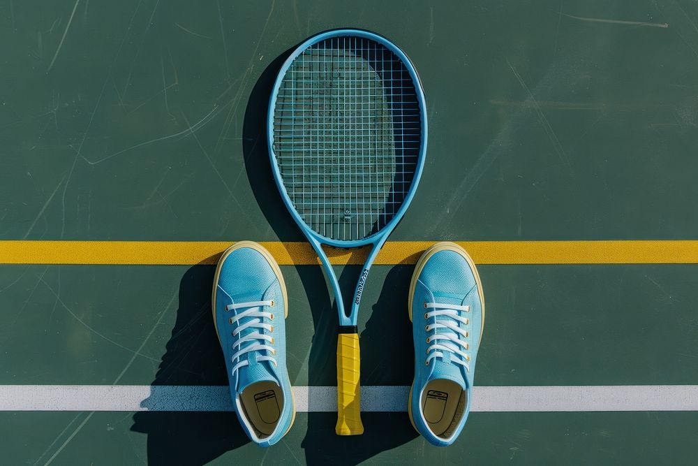 Blue tennis racket sports shoe clothing.