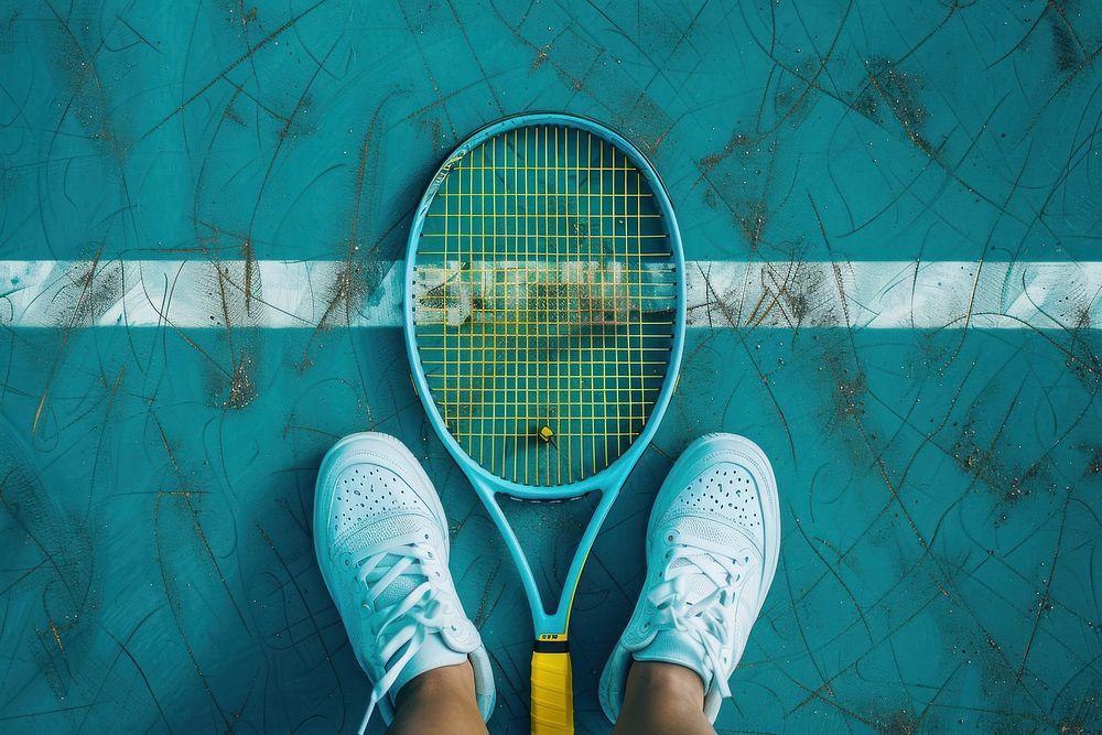 Blue tennis racket sports shoe clothing.