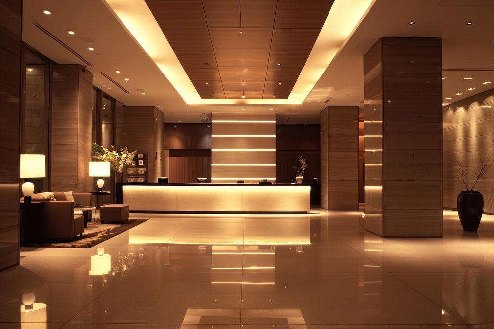 A modern hotel lobby lighting architecture reception.