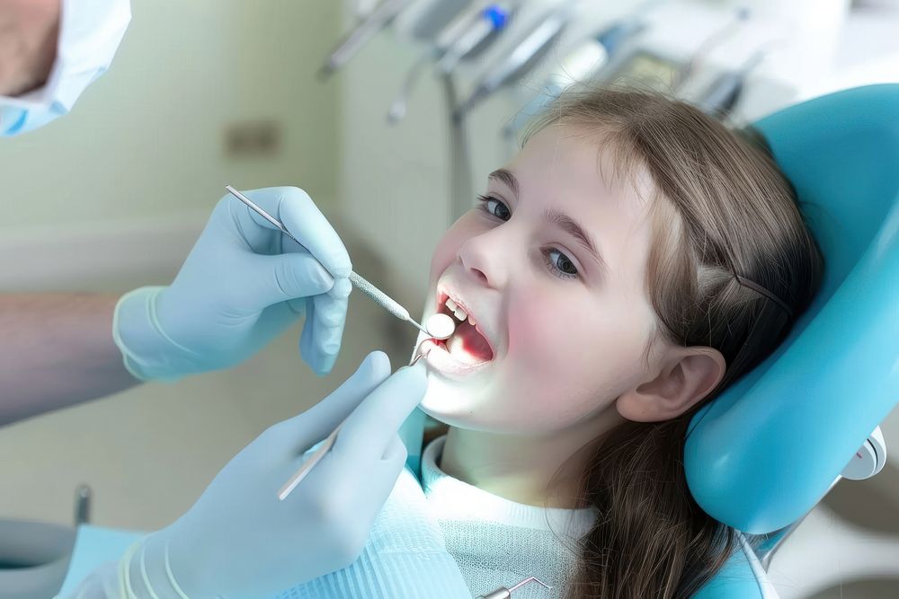 Dentist doing dental treatment dentist child glove.