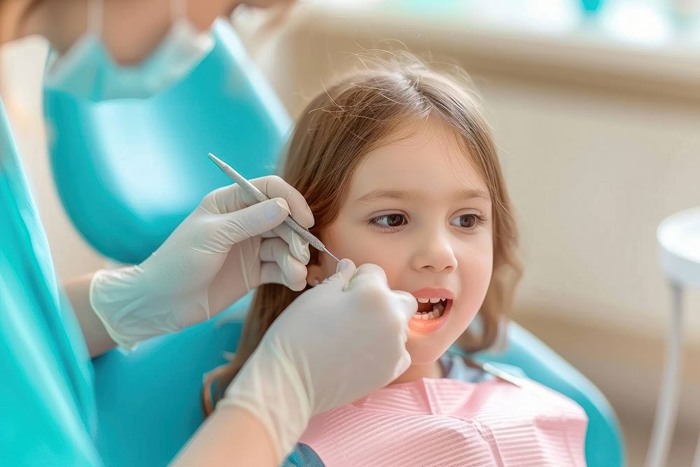 Dentist doing dental treatment dentist glove child.