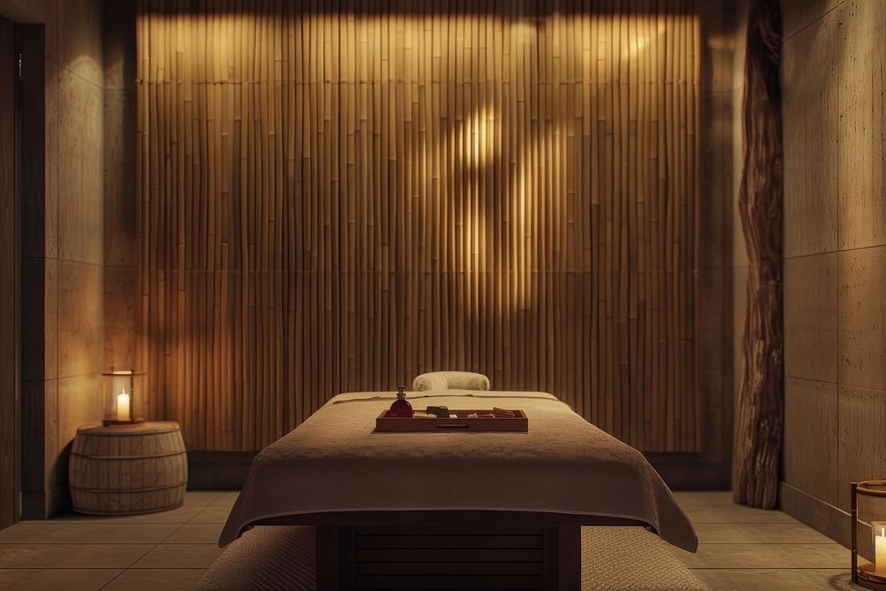 A spa room candle bed furniture.